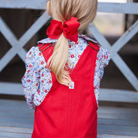 classic childrens clothing girls blouse with peter pan collar in a red and blue floral print