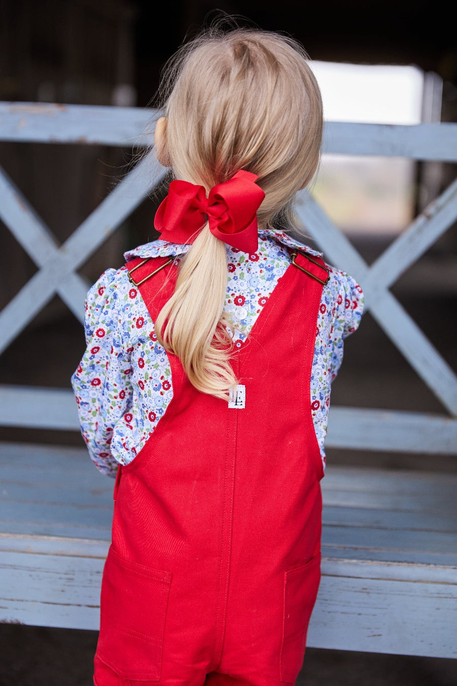 classic childrens clothing girls blouse with peter pan collar in a red and blue floral print