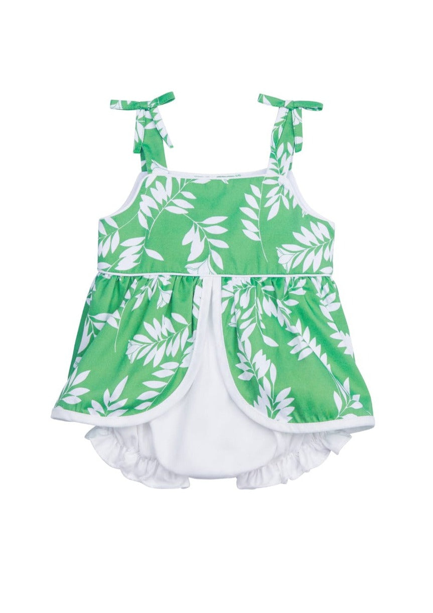 classic childrens clothing girls green and white sunsuit with ruffled white bloomers