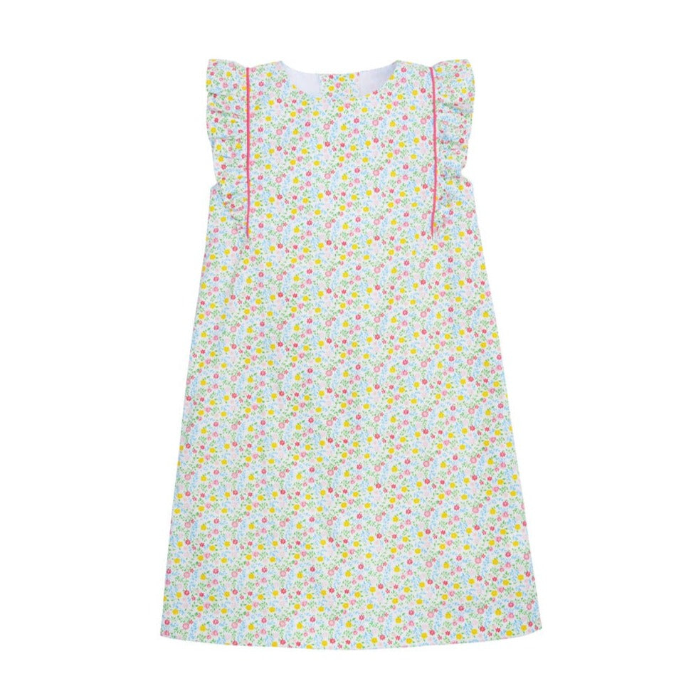 classic childrens clothing girls flutter sleeve dress with yellow, pink, and green floral pattern and pink piping
