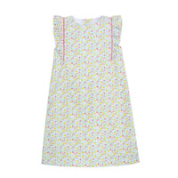 classic childrens clothing girls flutter sleeve dress with yellow, pink, and green floral pattern and pink piping