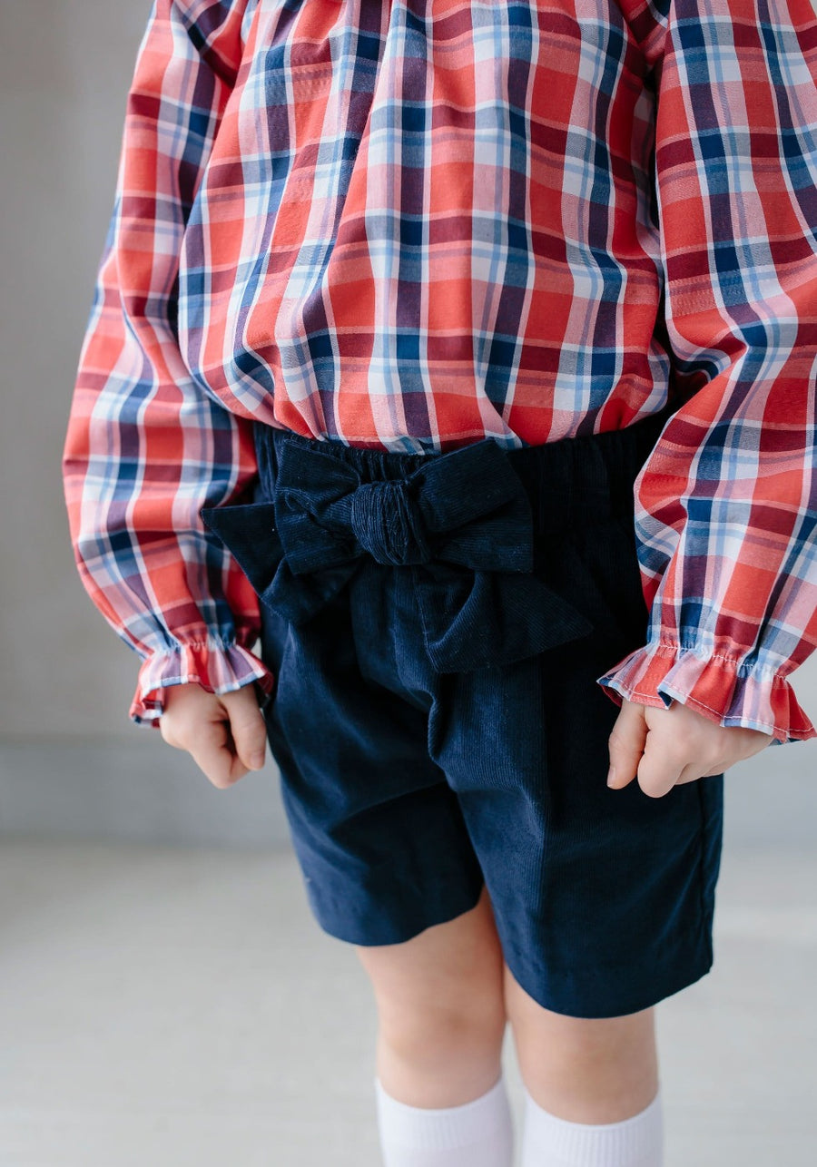 Corduroy Bow Shorts - Navy, Little English, classic children's clothing, preppy children's clothing, traditional children's clothing, classic baby clothing, traditional baby clothing