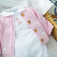 Little English traditional crochet playsuit for baby, pink giraffe crochet playsuit for baby girl