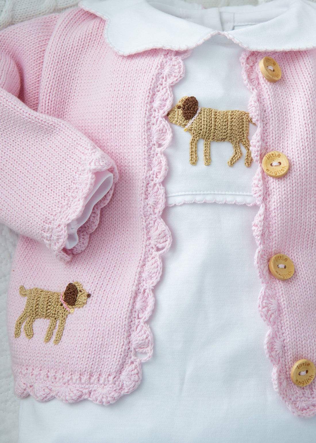 Little English traditional crochet sweater, pink lab crochet sweater for baby girl