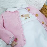 Little English signature crochet playsuit for baby girl, traditional pink sheep crochet playsuit for baby girl
