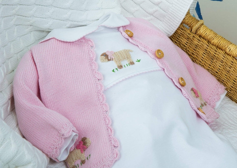 Little English signature crochet sweater for baby girl, traditional pink sheep crochet sweater and playsuit for baby girl