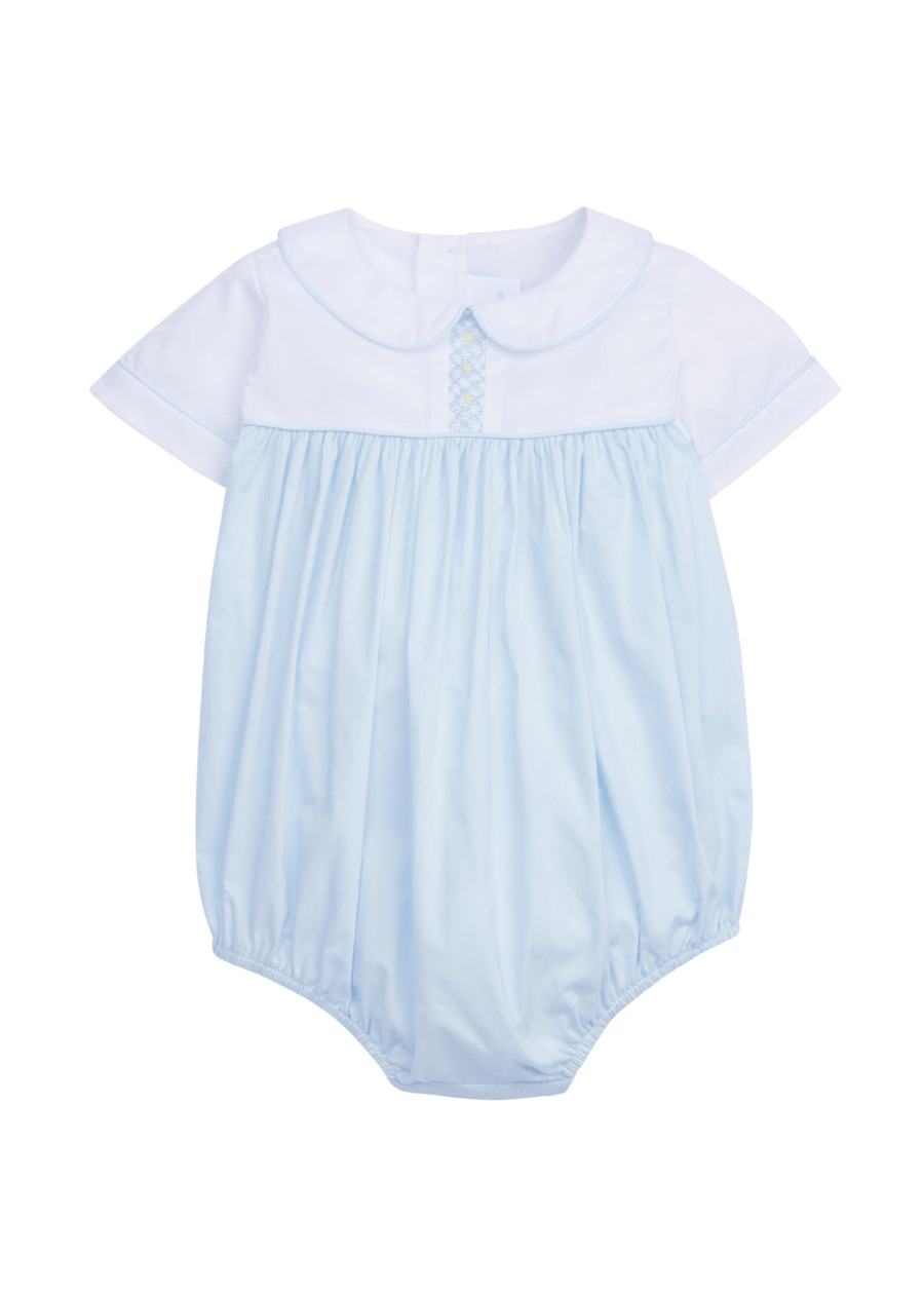 classic childrens clothing boys blue and white bubble with peter pan collar and light blue embroidery on chest