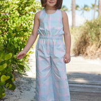 classic childrens clothing girls halter jumpsuit with flare legs in pink and blue plaid