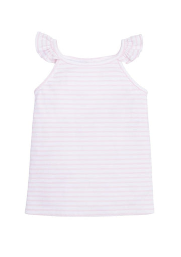 classic childrens clothing girls pink and white striped tank with ruffled straps