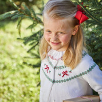 Little English traditional girl's clothing, classic holiday cardigan for fall, red holiday bow fair isle sweater