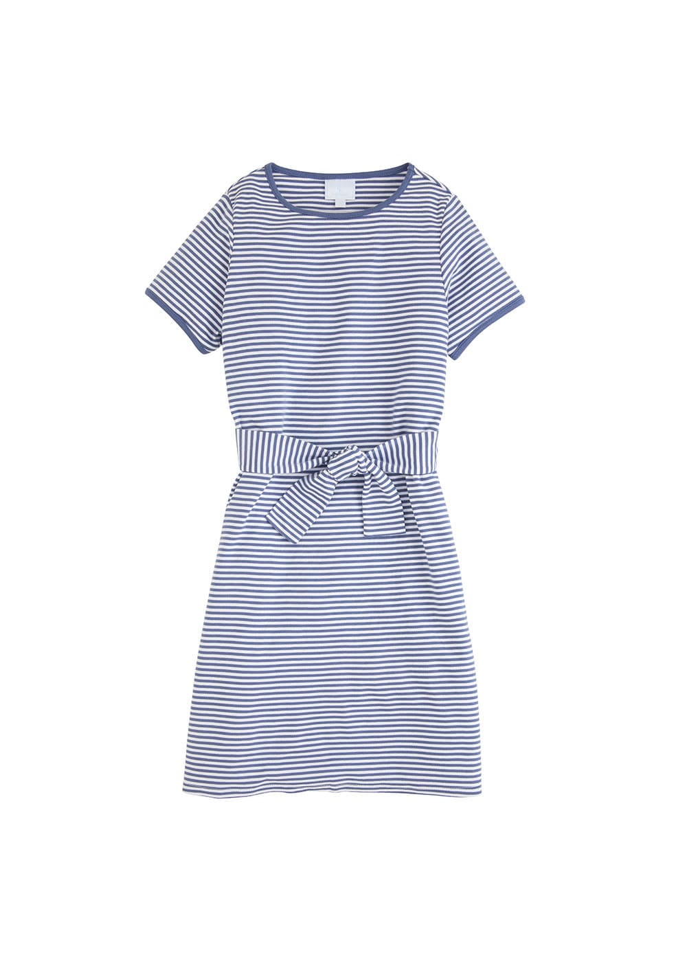 classic girls clothing girls t-shirt dress in grey blue and white stripes with front waist bow 