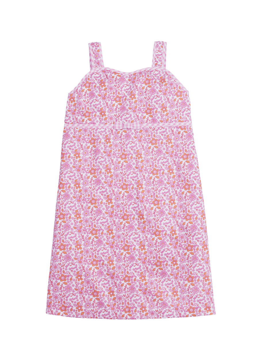 classic childrens clothing girls strappy pink and orange floral dress with pink piping and skinny bow