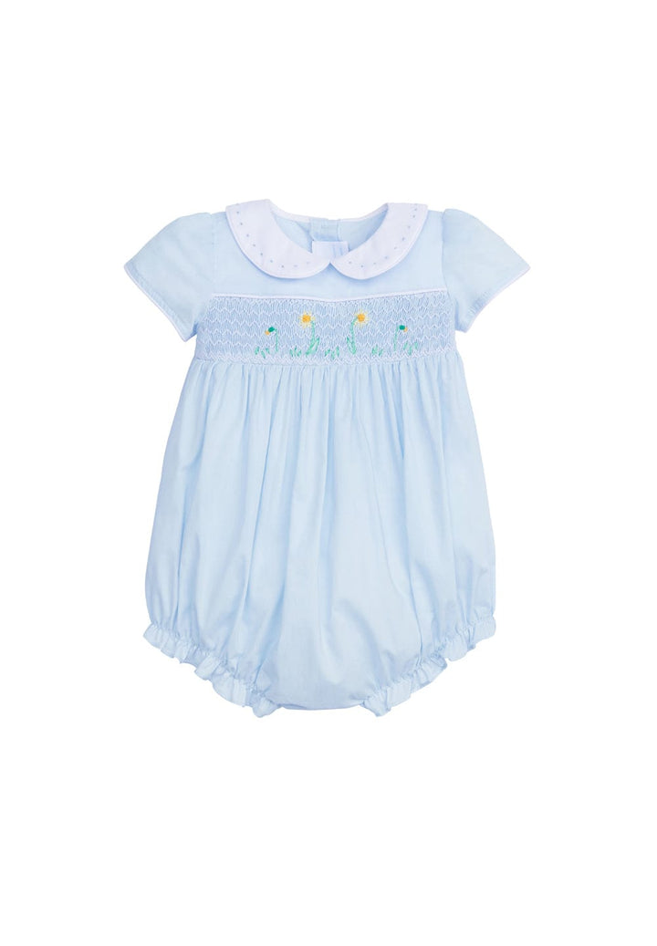 little english clothing girls light blue bubble with peter pan collar and daffodil smocking detail on chest