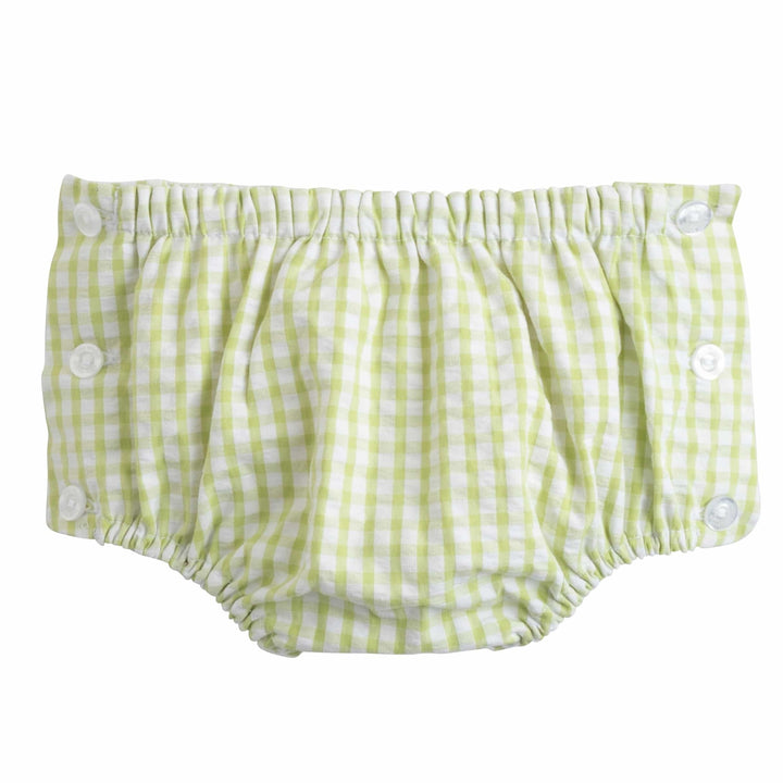 Little English baby boy's diaper cover in green seersucker gingham