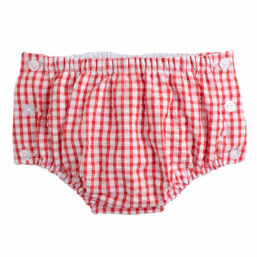 Little English baby boy's diaper cover in red seersucker gingham