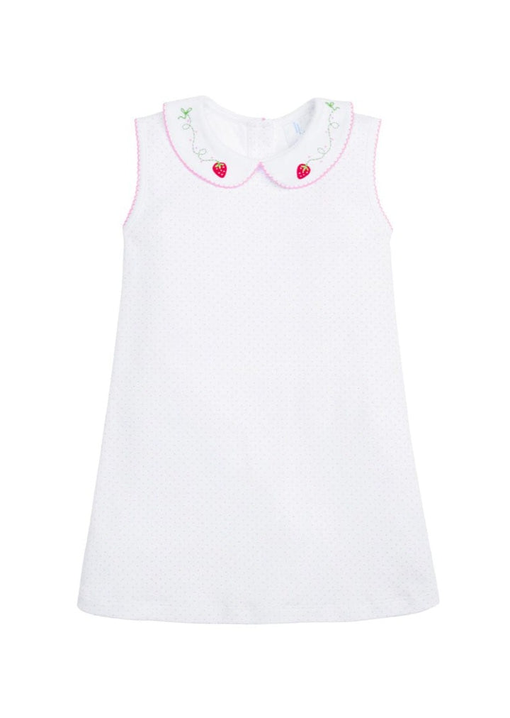 classic childrens clothing girls shift dress with peter pan collar and strawberry embroidered collar