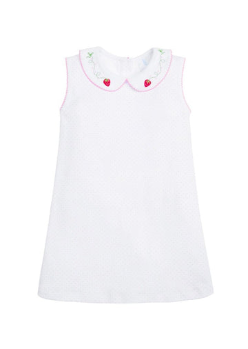 classic childrens clothing girls shift dress with peter pan collar and strawberry embroidered collar