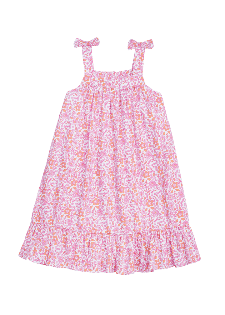classic childrens clothing girls strapless dress in pink and orange floral print with bows on the sleeve straps