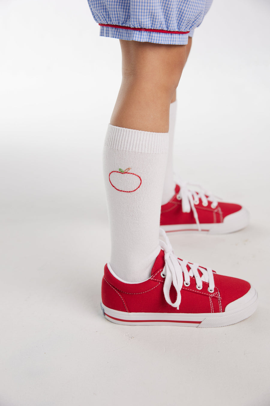 Little English classic white knee high socks with red apple embroidery