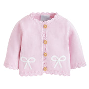 Little English traditional baby clothing, signature crochet sweater with pink bow for baby girl