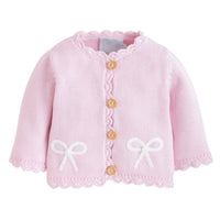Little English traditional baby clothing, signature crochet sweater with pink bow for baby girl