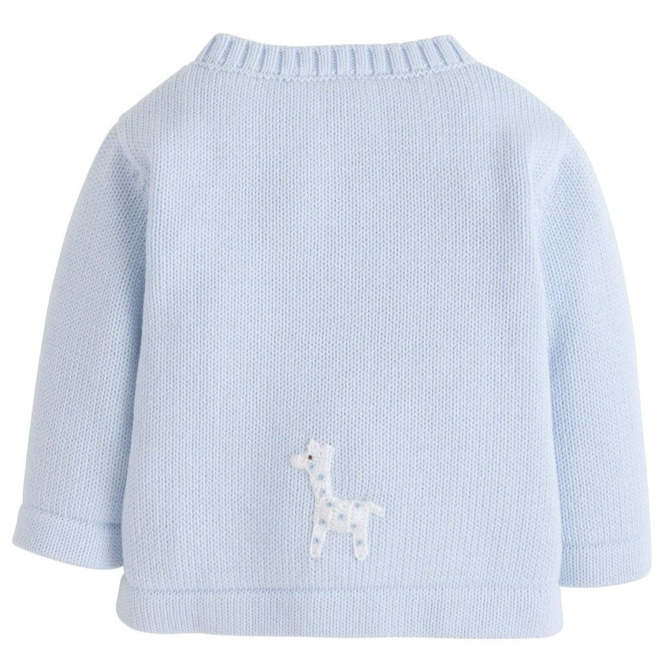 Little English signature crochet playsuit for baby boy, traditional blue giraffe crochet sweater for baby boy