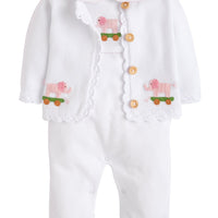 Little English traditional baby clothing, signature crochet playsuit with pink elephant for baby girl