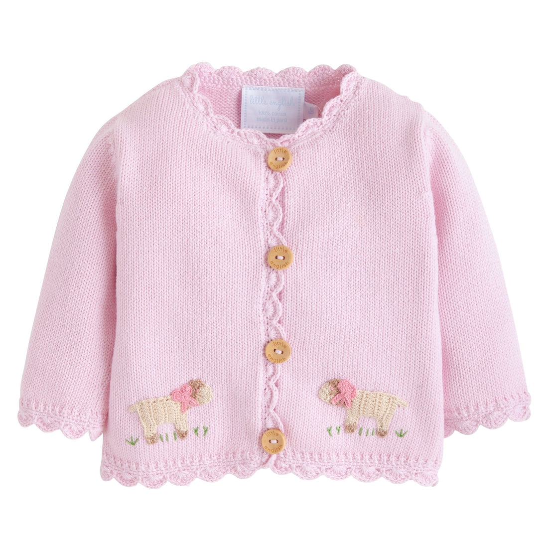 Little English signature crochet sweater for baby girl, traditional pink sheep crochet sweater for baby girl