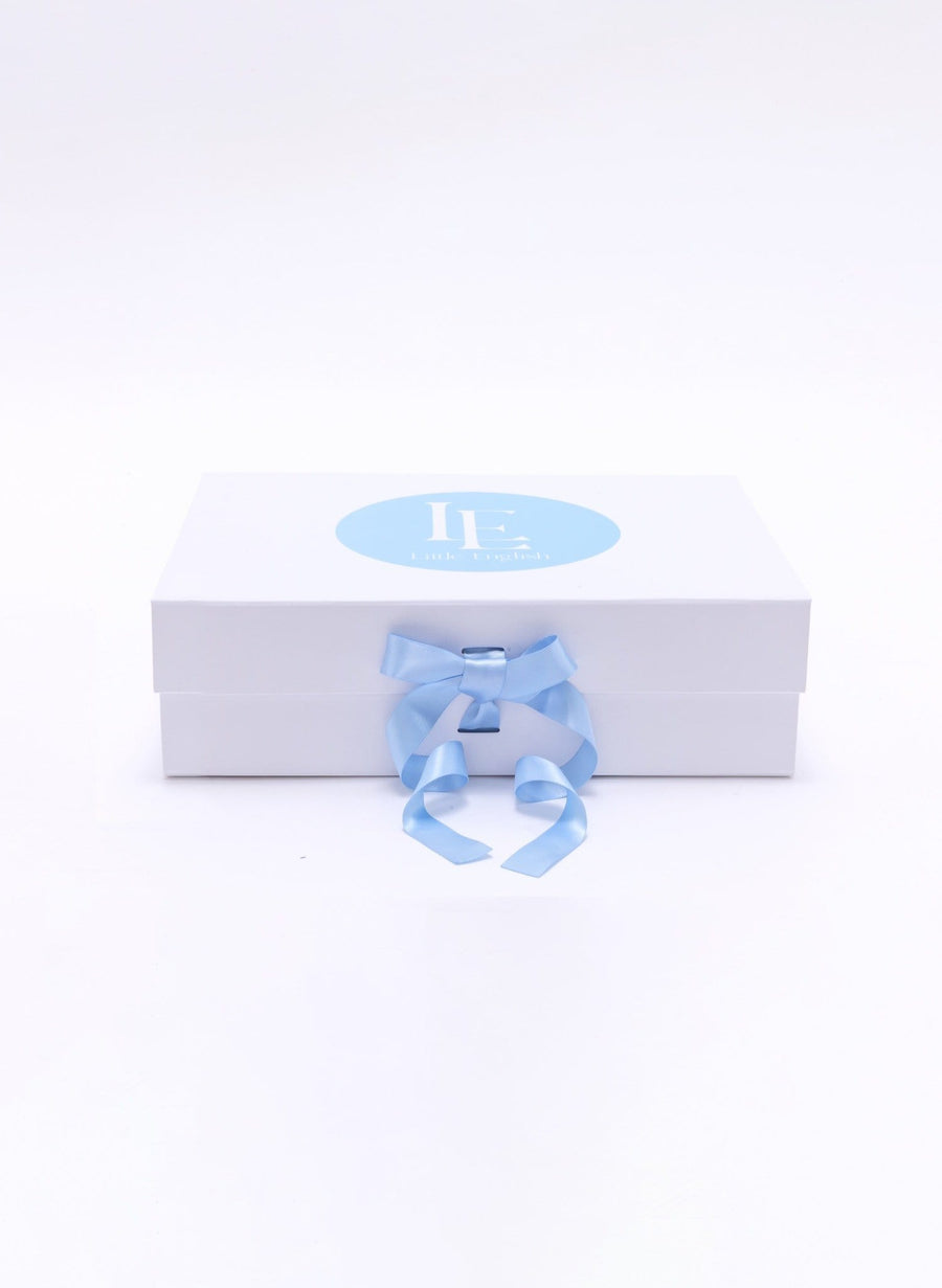 Little English gift box with blue ribbon and logo