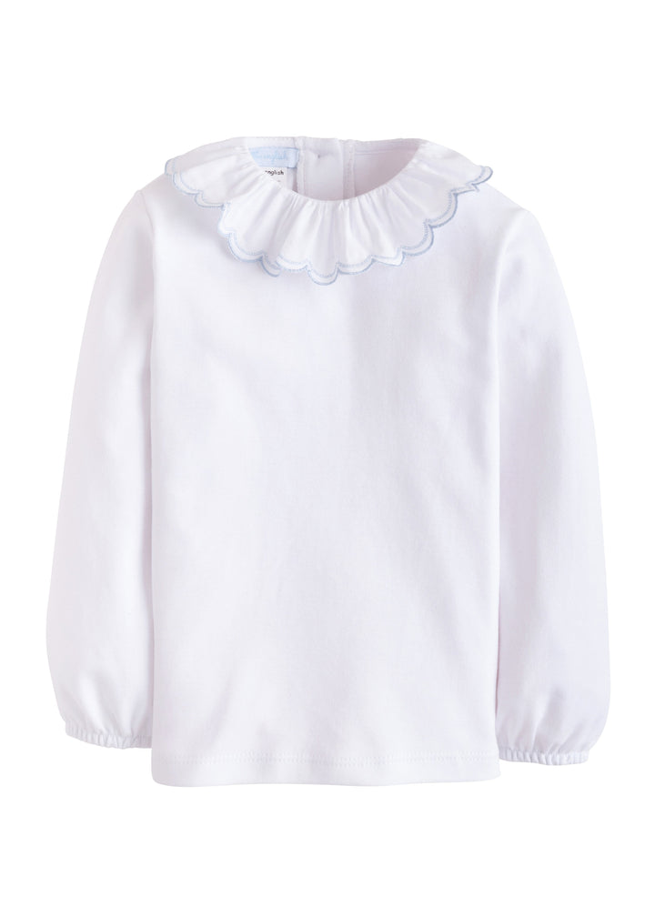 Little English classic girl's clothing, girl's traditional knit blouse with light blue woven trim