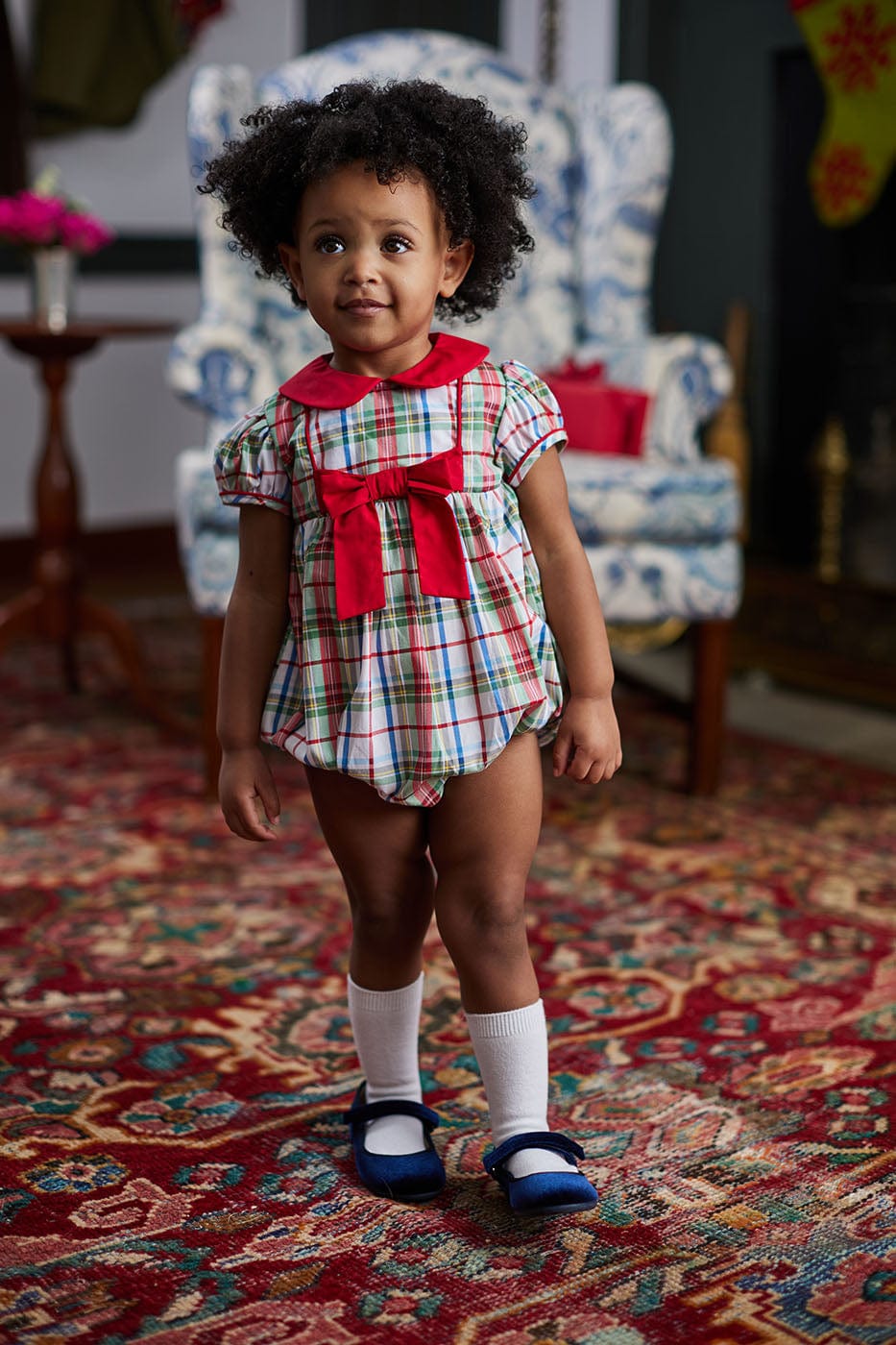 classic baby girl clothes girls bubble in green and red plaid with red piping and peter pan collar and red bow 