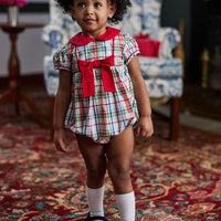 classic baby girl clothes girls bubble in green and red plaid with red piping and peter pan collar and red bow 