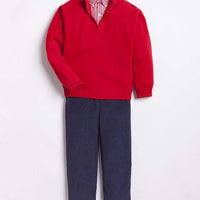 traditional boy's navy pant with red gingham button down and quarter zip sweater, Little English classic boy's clothing