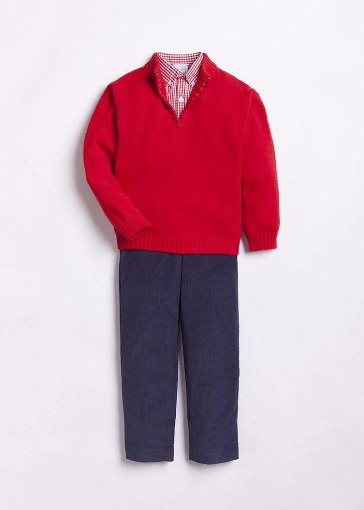 traditional boy's navy pant with red gingham button down and quarter zip sweater, Little English classic boy's clothing