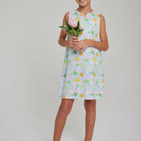 Little English girl's aqua floral shift dress with pink rickrack