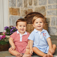 Little English traditional little boy's peter pan polo romper in red stripe and light blue stripe