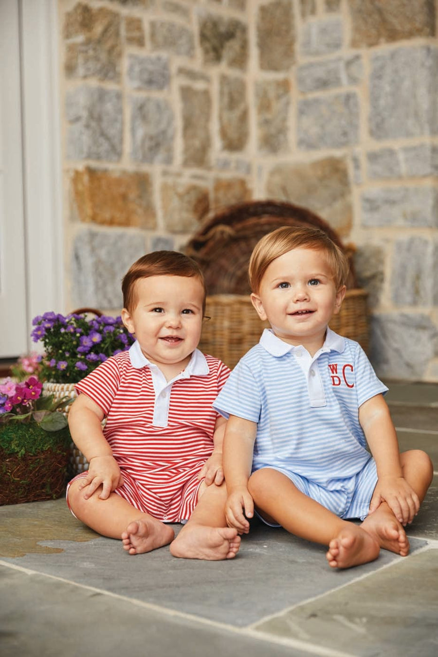 Little English traditional little boy's peter pan polo romper in red stripe and light blue stripe