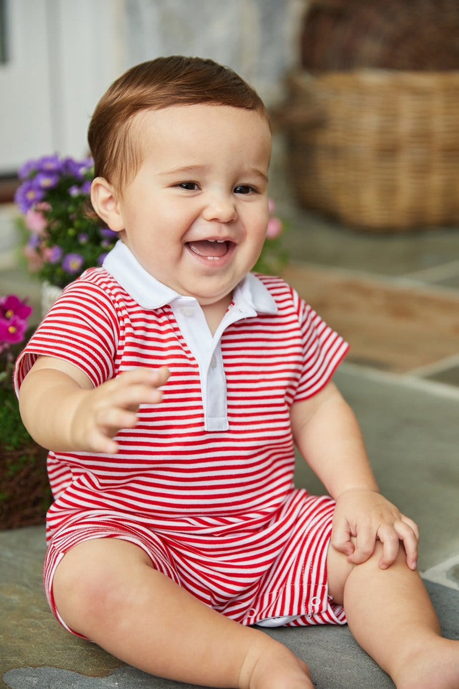 Little English Traditional Peter Pan Romper In Red Stripe
