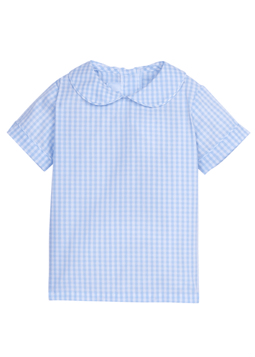 Little English boy's short sleeve plaid peter pan shirt