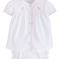Little English classic baby girl clothing, layette set with pinpoint pink giraffe, traditional baby gift