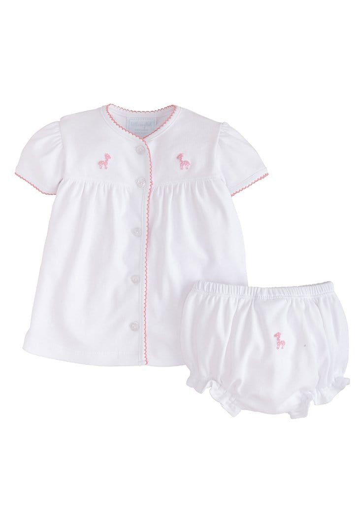 Little English classic baby girl clothing, layette set with pinpoint pink giraffe, traditional baby gift