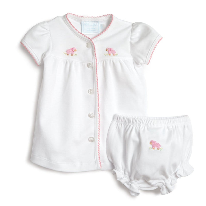pinpoint knit layette set with pink sheep embroidery
