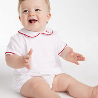 Little English baby boy knit bubble, red piped peter pan bubble with short sleeves