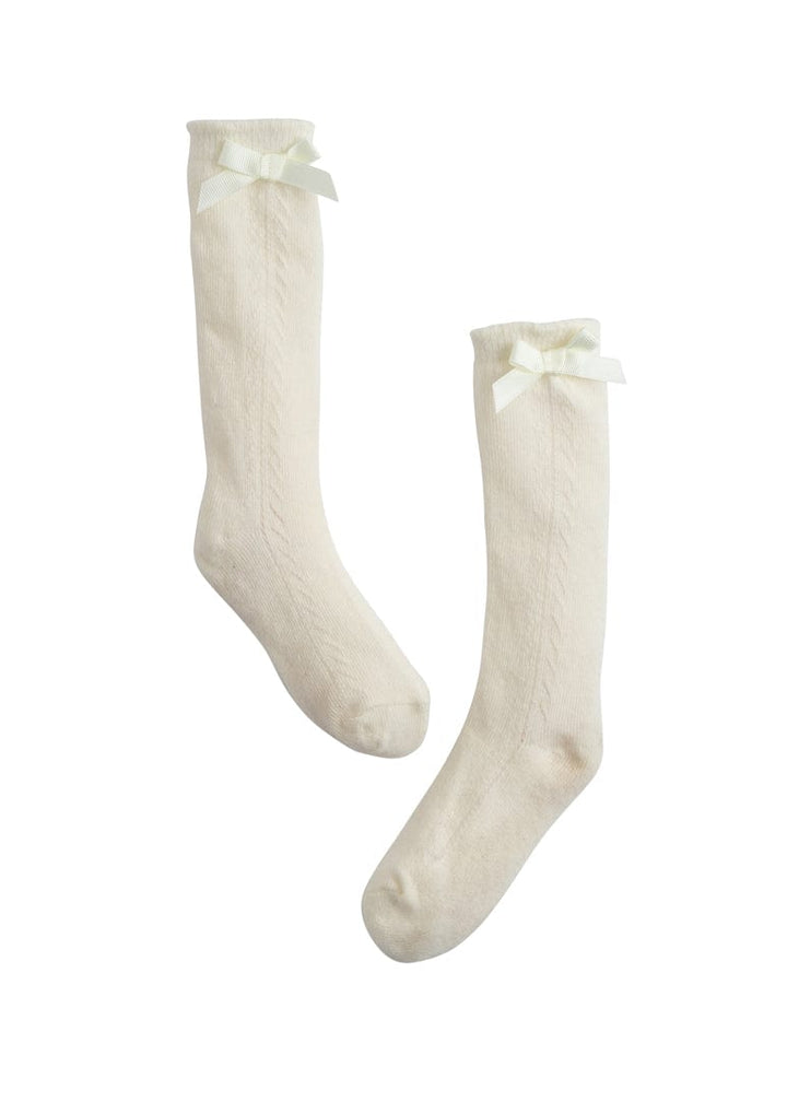 Little English girls pointelle knee high sock with bow in ivory
