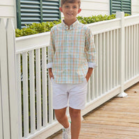 classic childrens clothing boys button down shirt in orange blue and green check pattern