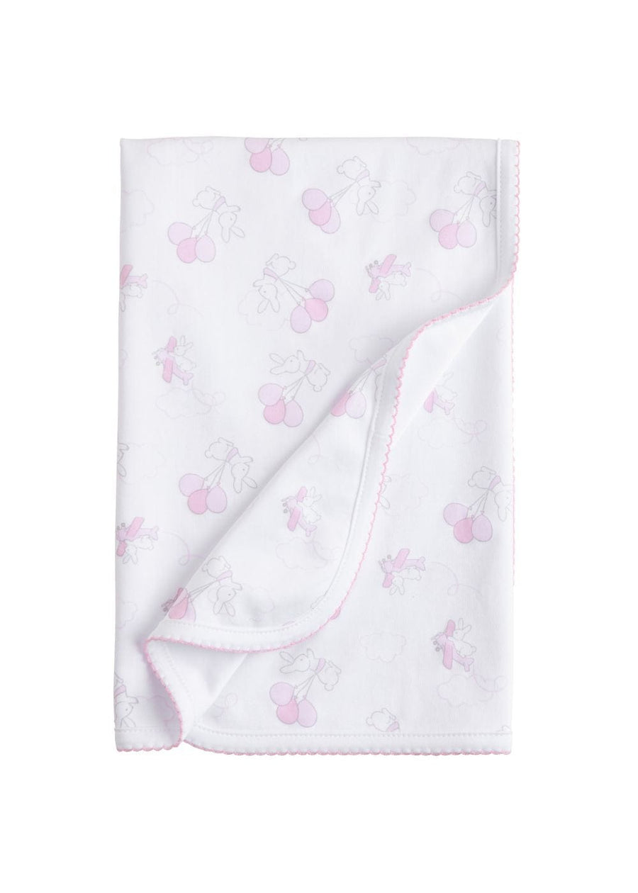 Little English baby girl printed swaddle blanket, pink flying bunny design for spring