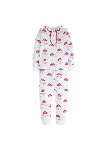 classic childrens clothing long pants and long sleeve with ruffles around collar with red barn pattern 