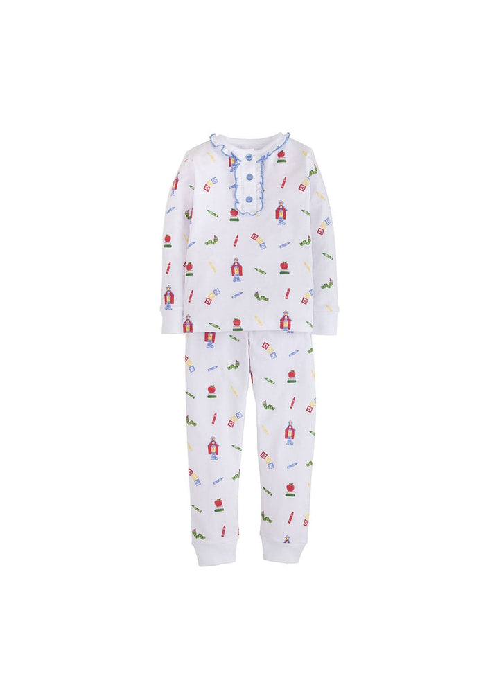 classic childrens clothing girls jammies with ruffle collar and back to school print
