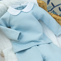 Little English traditional baby clothing, little boy's quilted sleep set in light blue