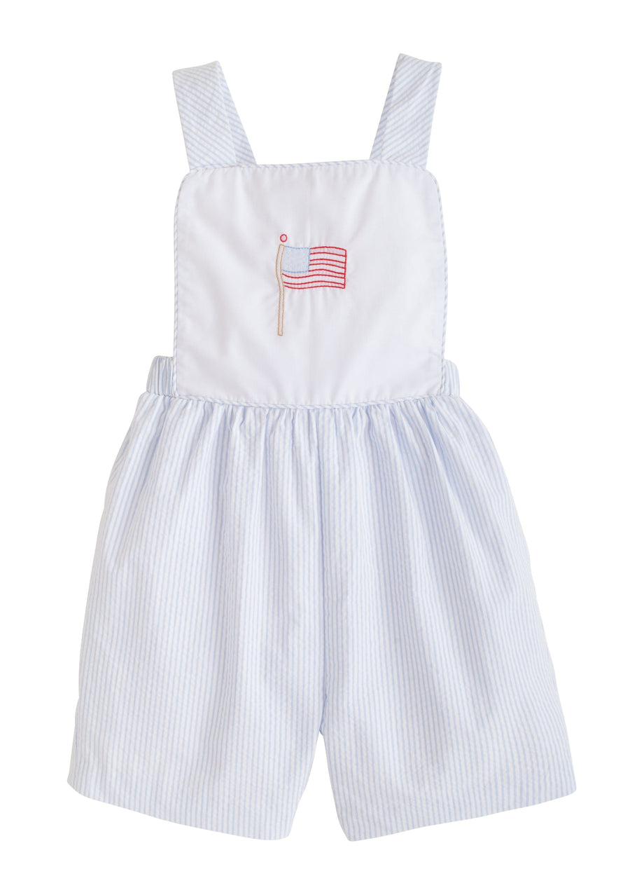 Little English toddler boy's seersucker stripe shortall with flag embroidery